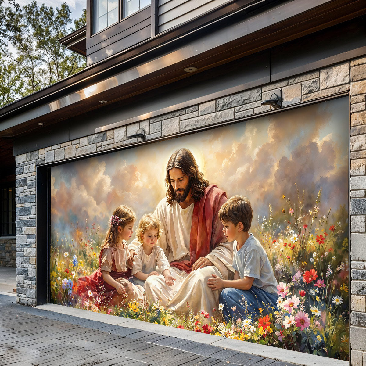 God Garage Door Banner Decoration - Jesus and the Little Ones In the Wildflower Meadow