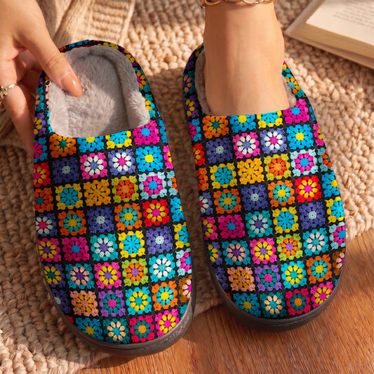 Crochet Lover Fleece Lined Slippers Granny Square