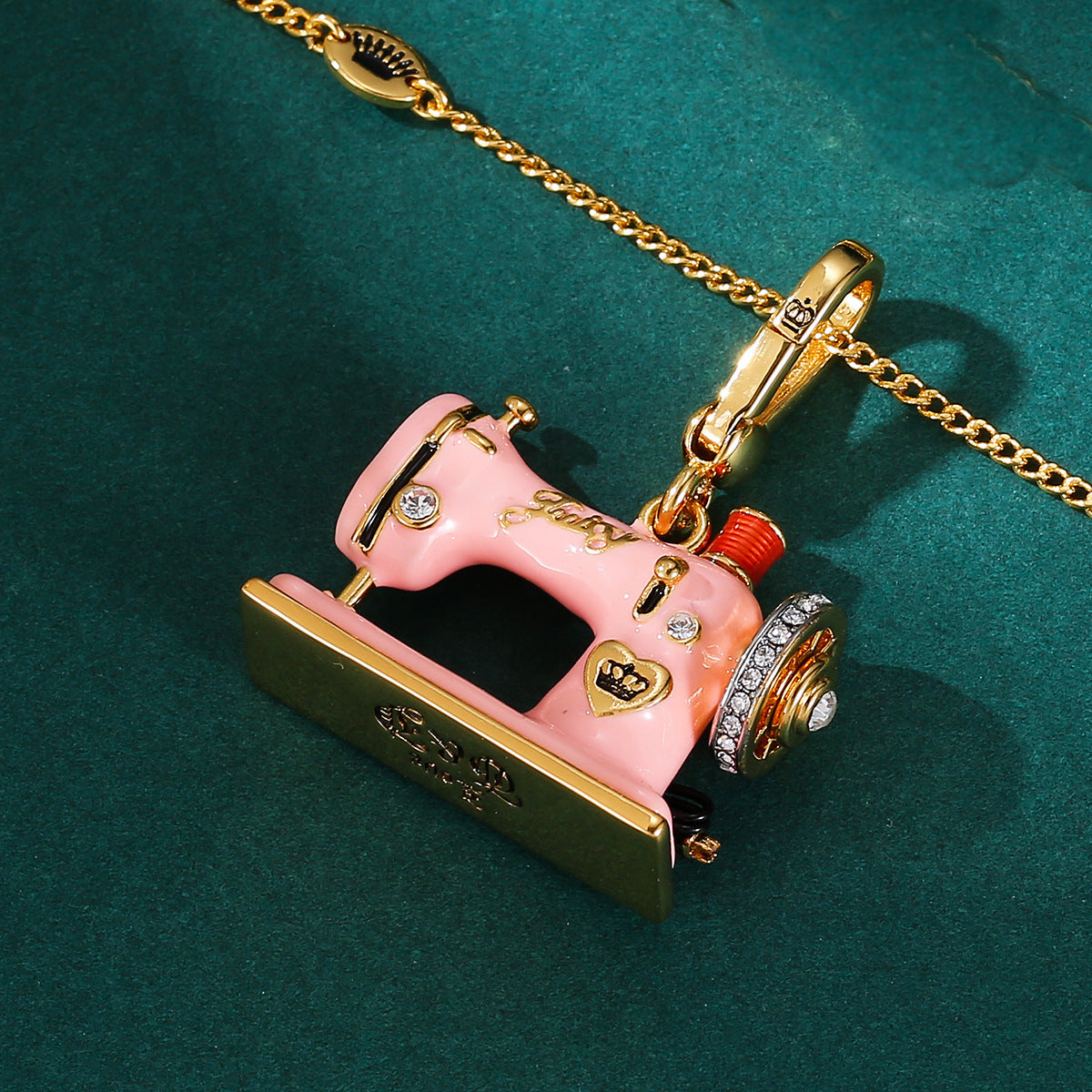Pink Enamel Sewing Machine Pendant Necklace