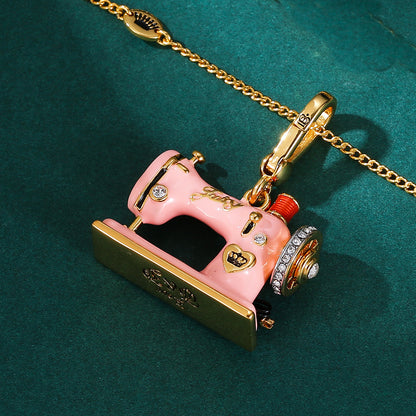 Pink Enamel Sewing Machine Pendant Necklace