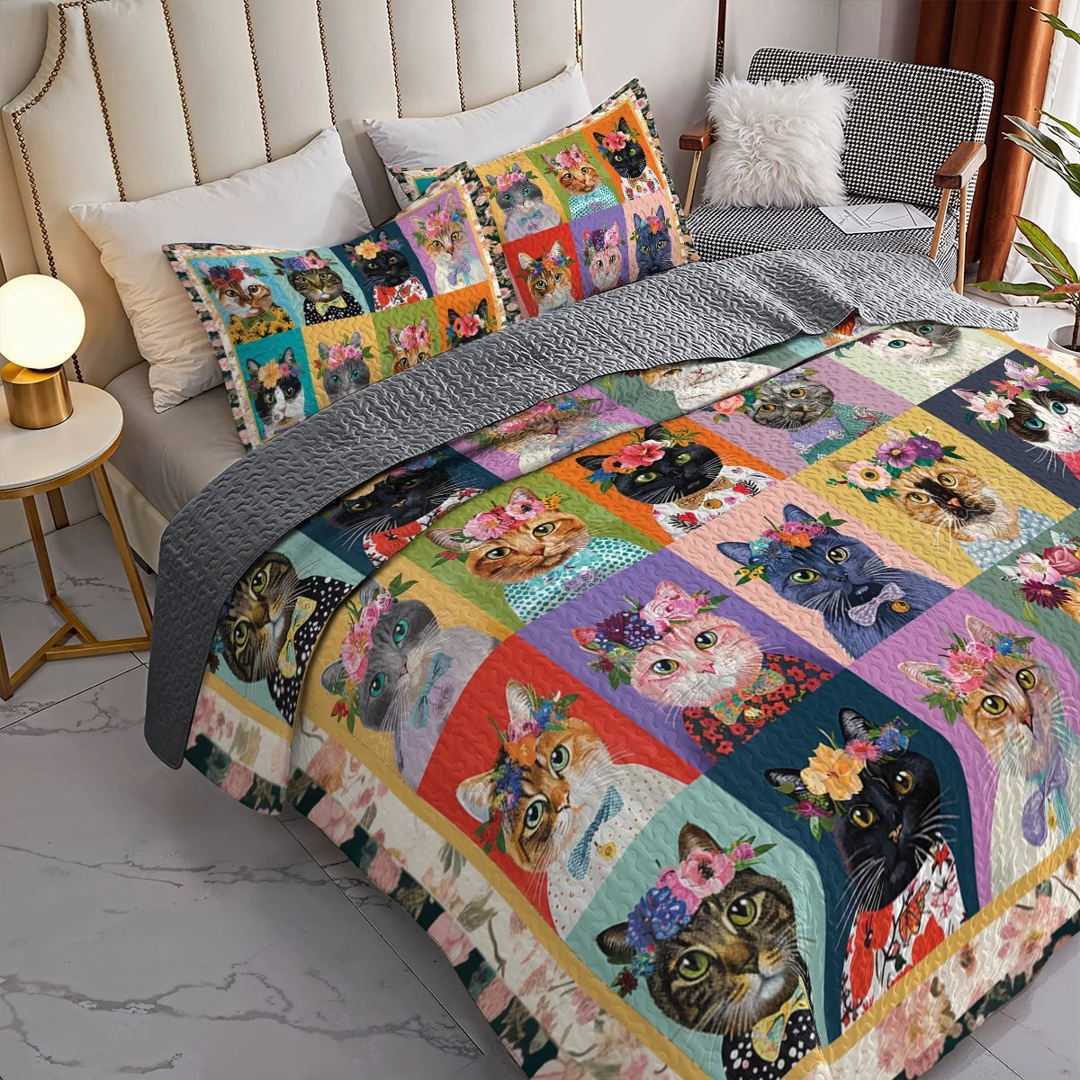 Cat Quilted Blanket Floral Cat Fantasy