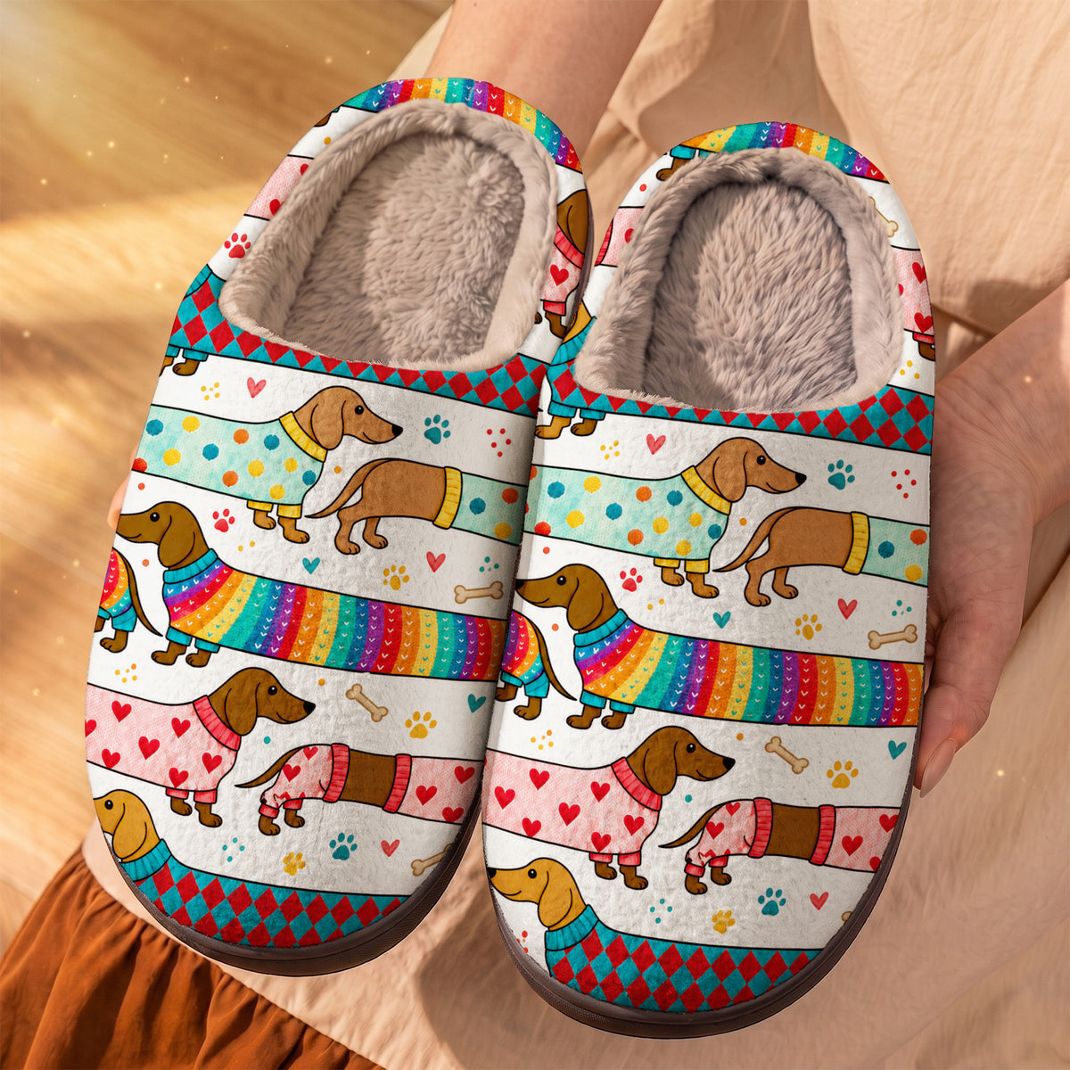 Dachshund Fleece Lined Slippers Happy Long Dachshunds