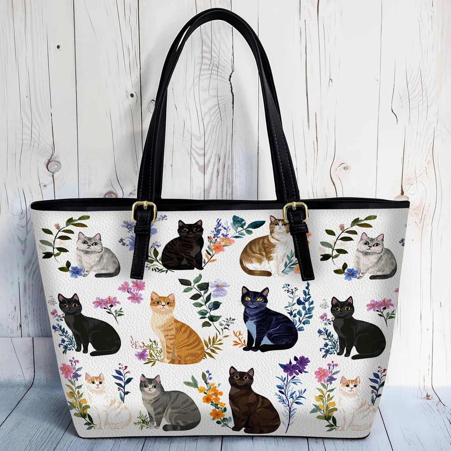Cat Leather Tote Bag Charming Floral Cats