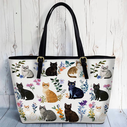 Cat Leather Tote Bag Charming Floral Cats