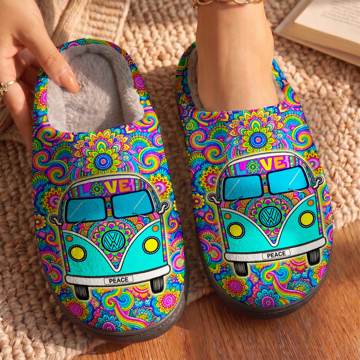 Hippie Fleece Lined Slippers Groovy Peace Ride