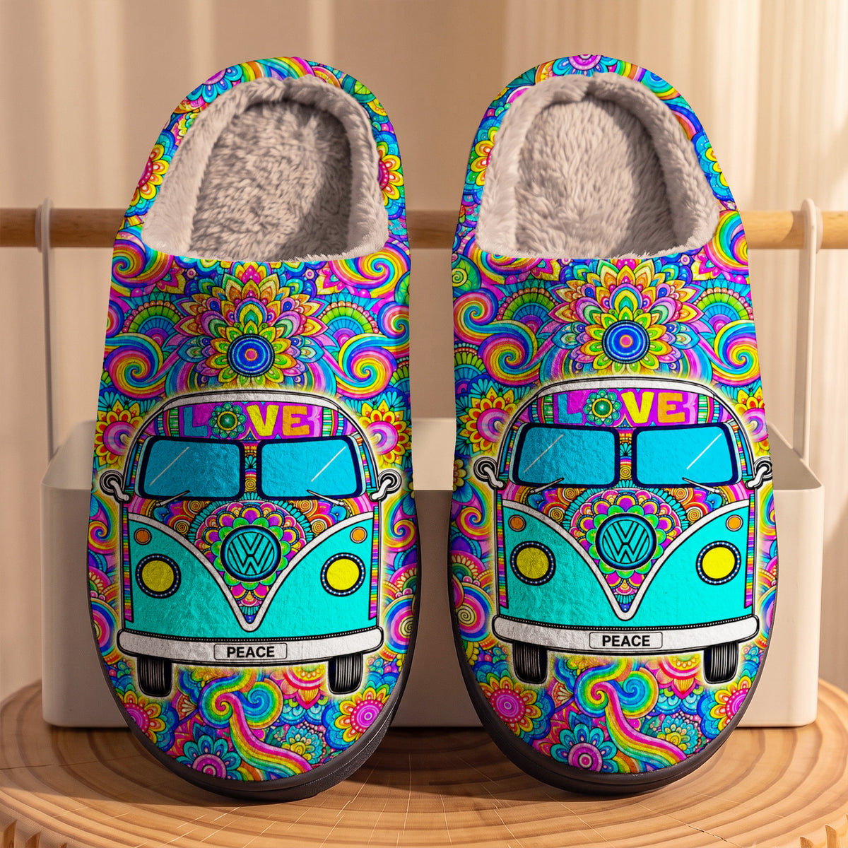 Hippie Fleece Lined Slippers Groovy Peace Ride