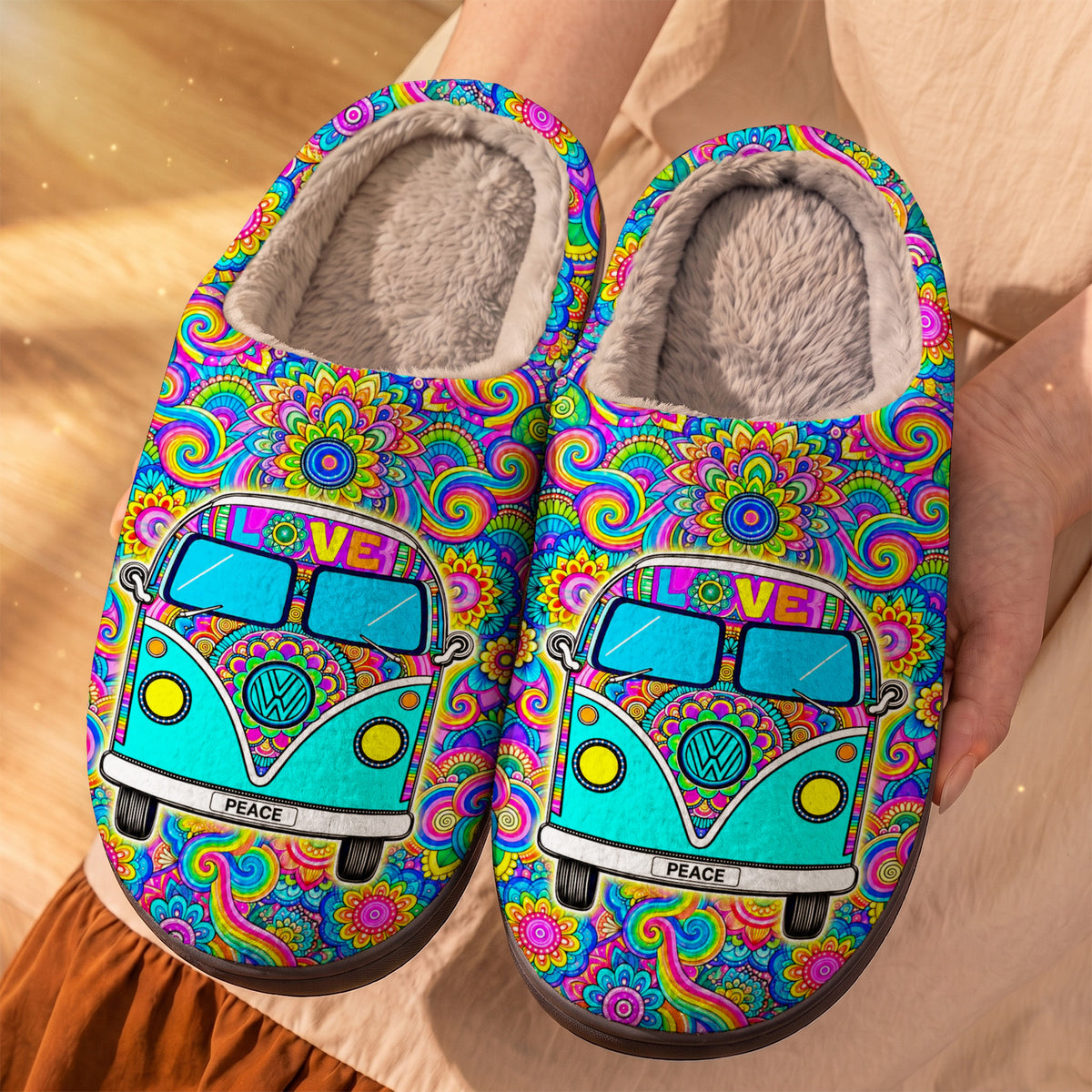 Hippie Fleece Lined Slippers Groovy Peace Ride