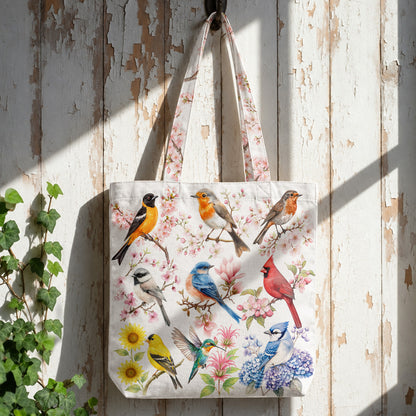 Birds Canvas Tote Bag Spring Birds Blossom Garden