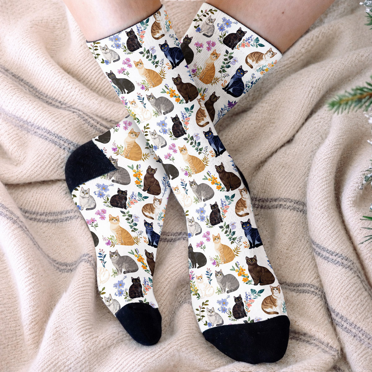 Cat Crew Socks Charming Floral Cats