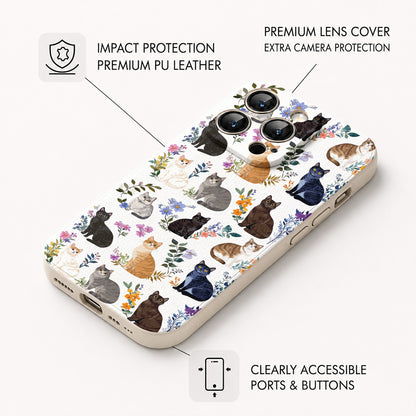 Cat Leather Phone Case Charming Floral Cats