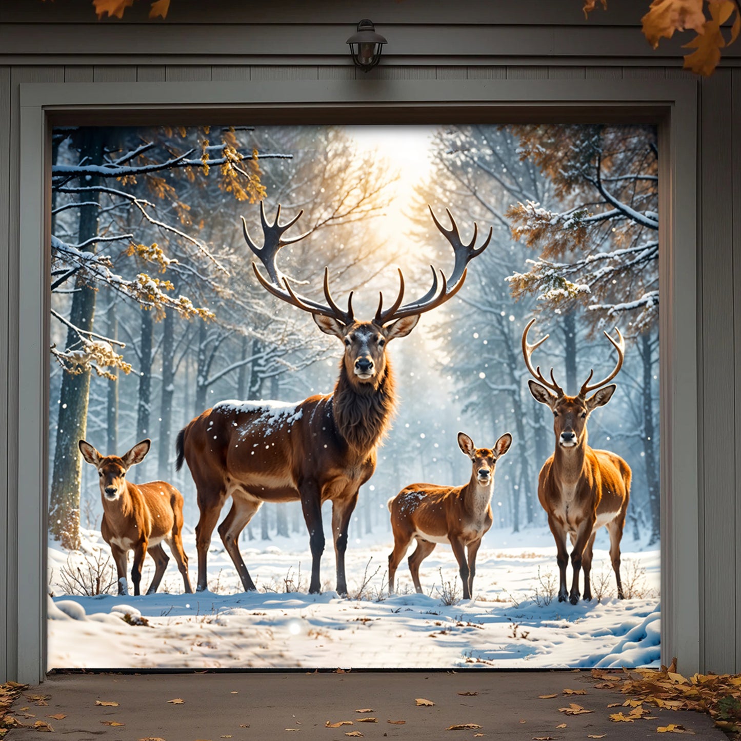 Christmas Garage Door Banner Decoration - Majestic Reindeer Family in Winter Wonderland