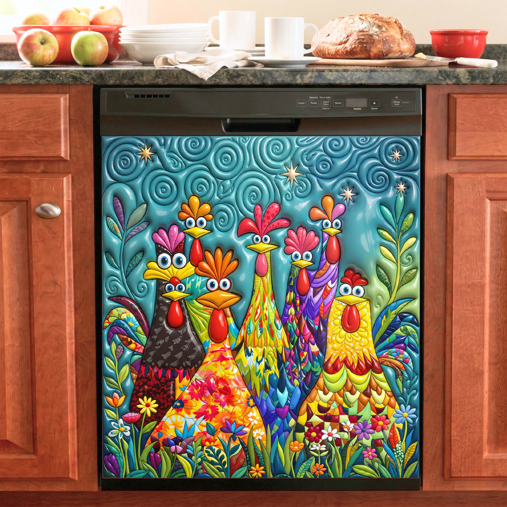 Chicken Magnetic Dishwasher Cover Colorful Chicken Garden