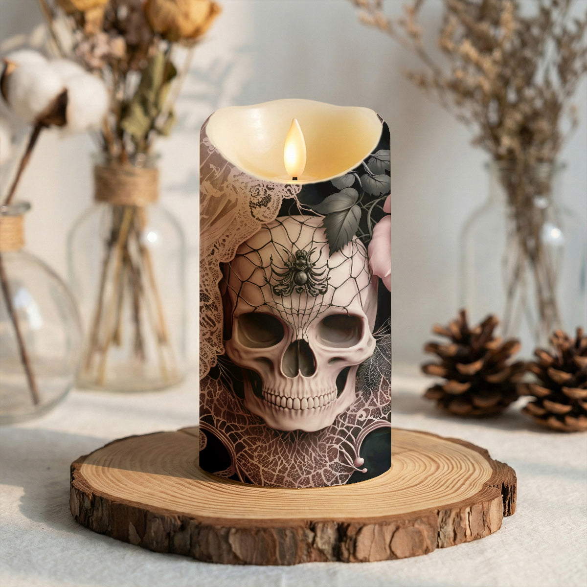 Gothic LED Candle Rose Beneath the Web