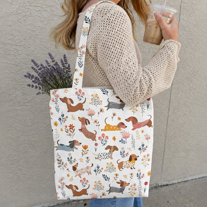 Dachshund Canvas Tote Bag Happy Field Flowers