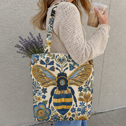 Bee Canvas Tote Bag Golden Bee in Blue Blooms