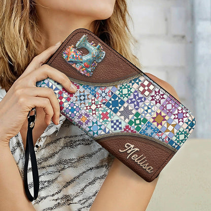 Sewing Lover Leather Wallet Personalized Traditional Quilt Blocks