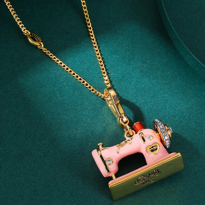 Pink Enamel Sewing Machine Pendant Necklace