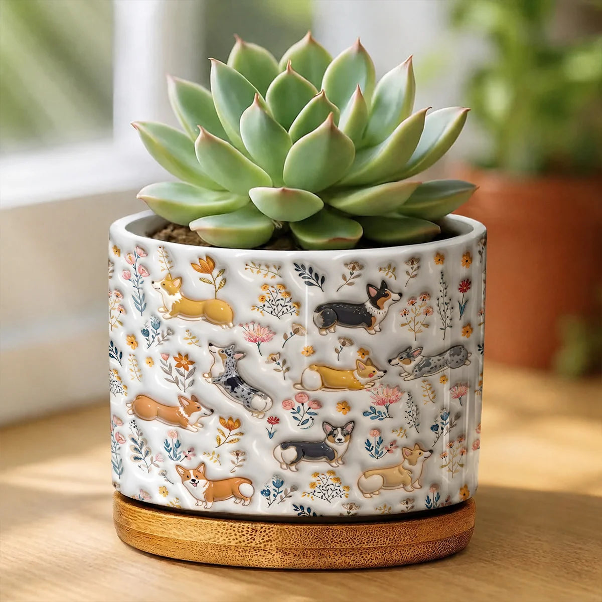 Corgi Flat Print Ceramic Plant Pot Happy Field Flowers