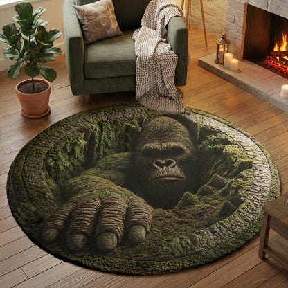 Bigfoot Round Rug Rising from the Forest 3D Illusion Flat Print Rustic Myth Art