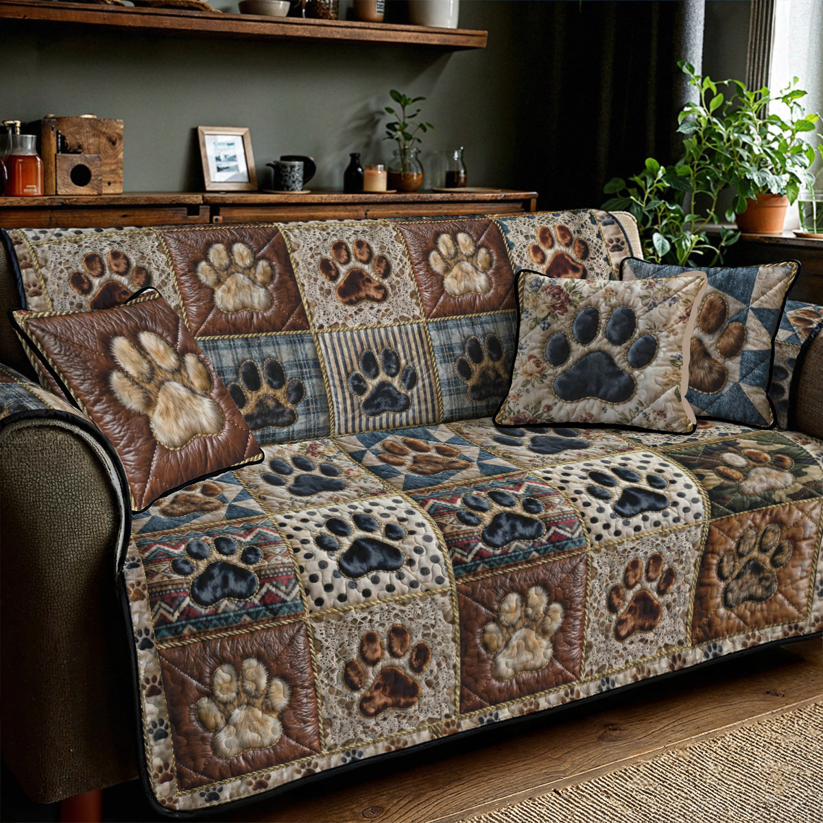 Dog Quilted Sofa Cover Cozy Patchwork Paws