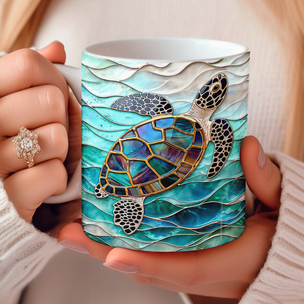 Sea Turtle Ceramic Mug Iridescent Sea Turtle In Turquoise Tides