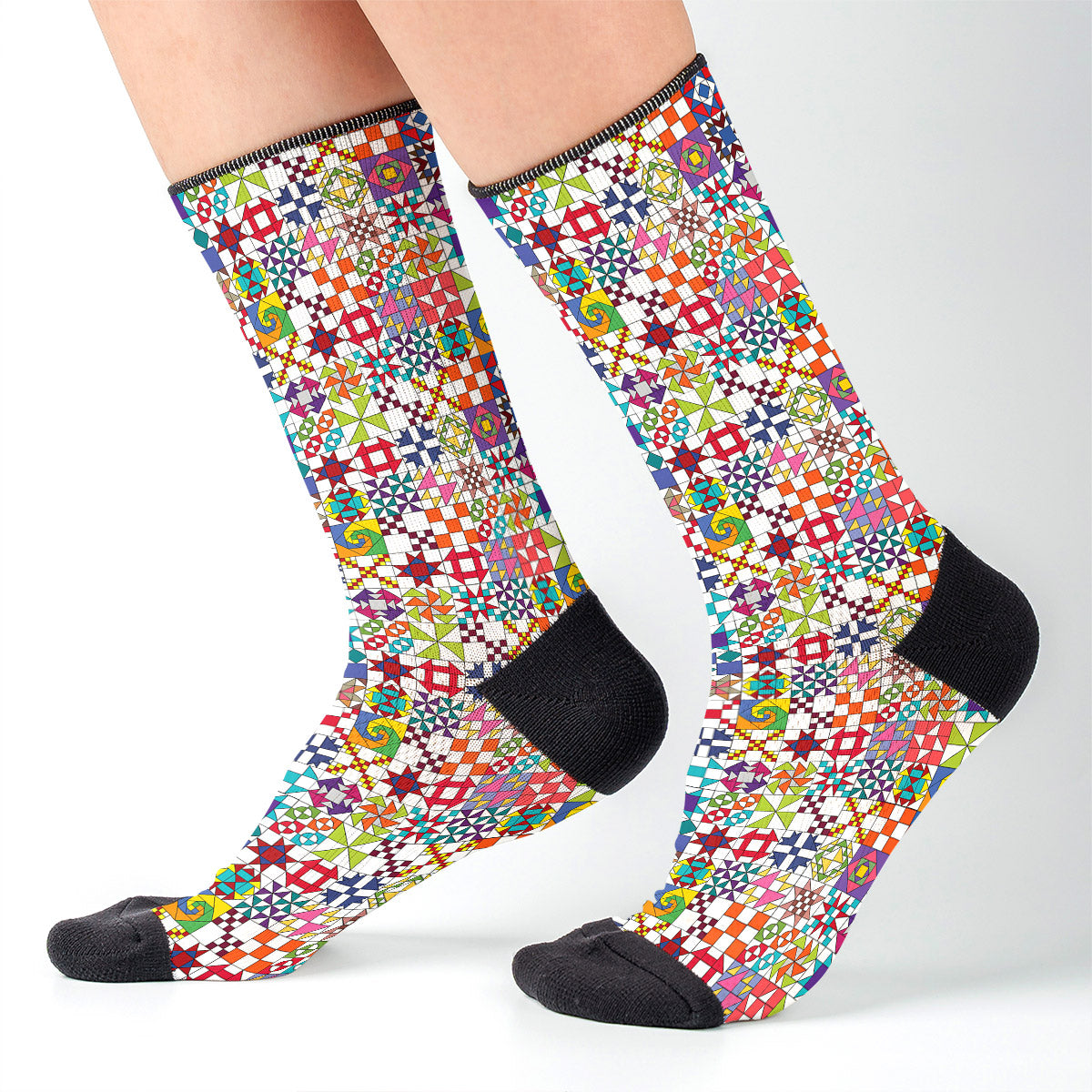 Sewing Lover Crew Socks Colorful Quilt Blocks