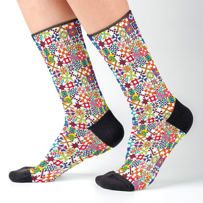Sewing Lover Crew Socks Colorful Quilt Blocks