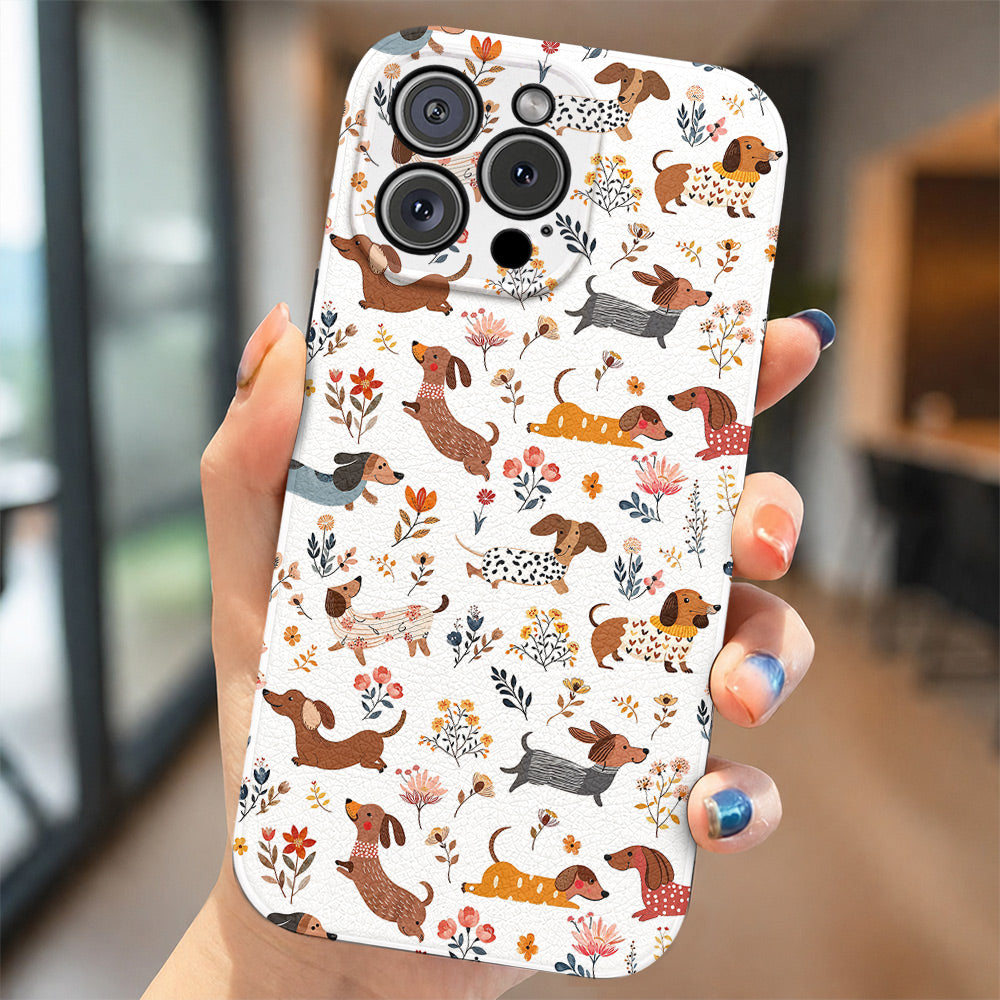 Dachshund Leather Phone Case Happy Field Flowers