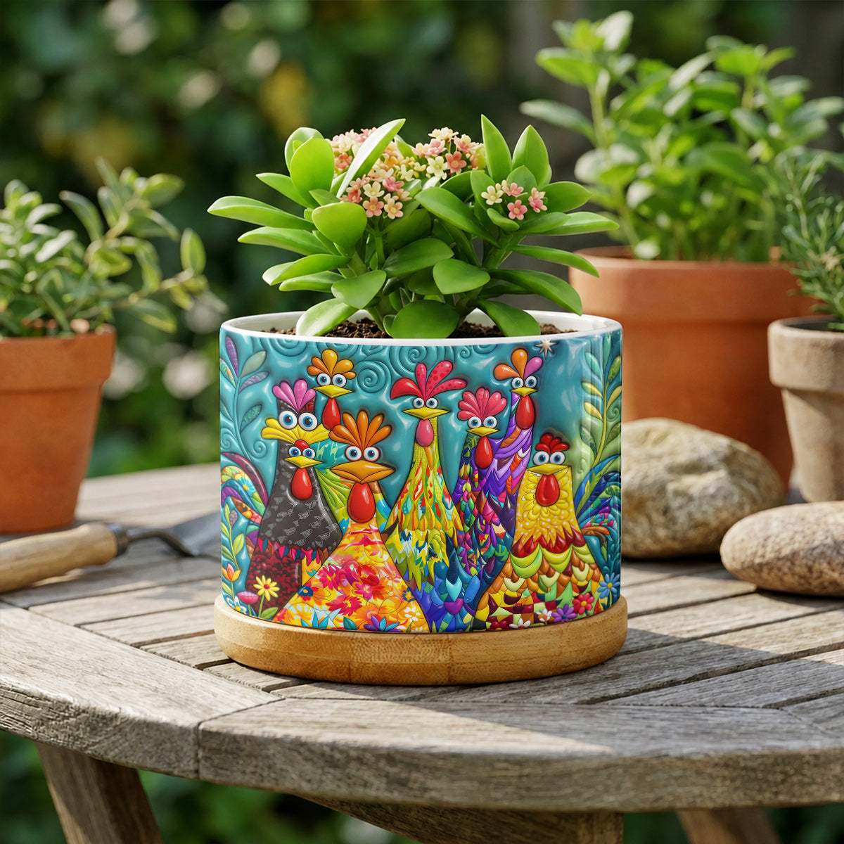 Chicken Ceramic Plant Pot with Bamboo Tray Colorful Chicken Garden