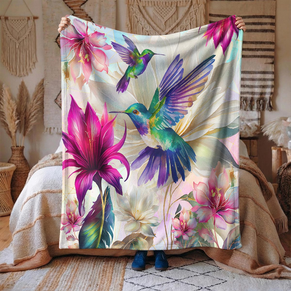 Hummingbird Fleece Blanket Hummingbirds With Floral Symphony