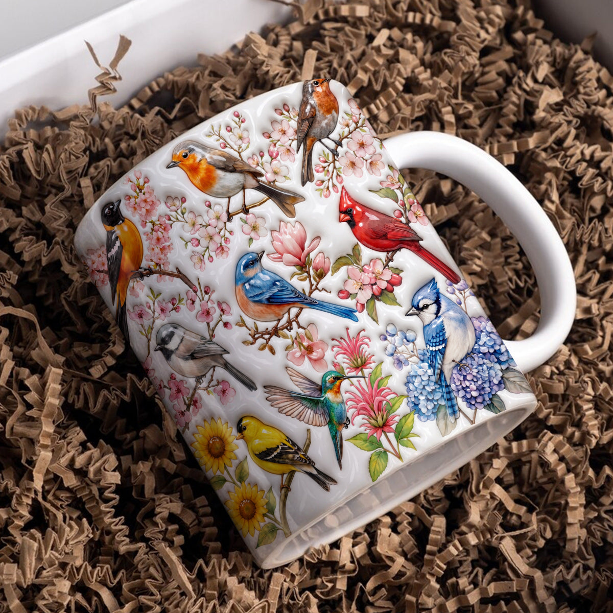 Bird Lovers Ceramic Mug Puffy Spring Birds Blossom Garden