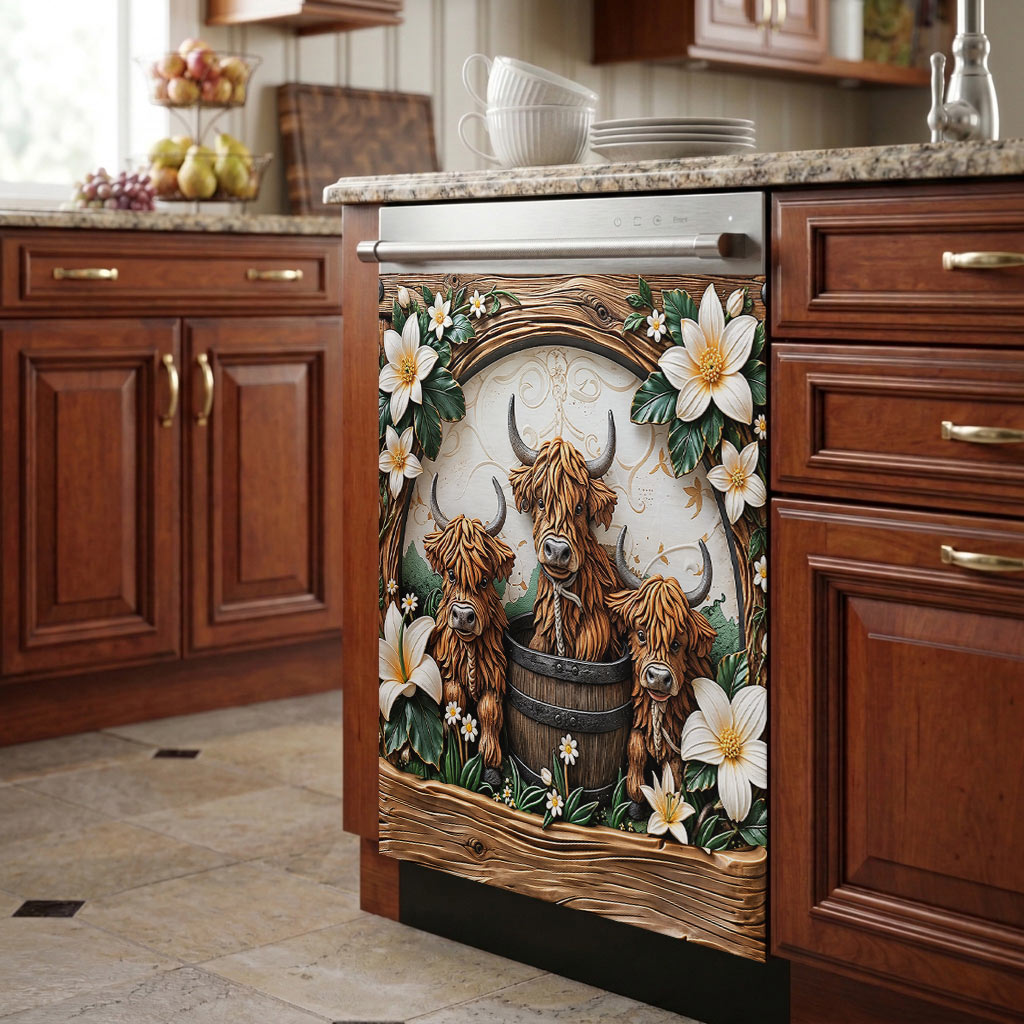 Highland Cow Magnetic Dishwasher Cover Highland Blooms & Barnwood