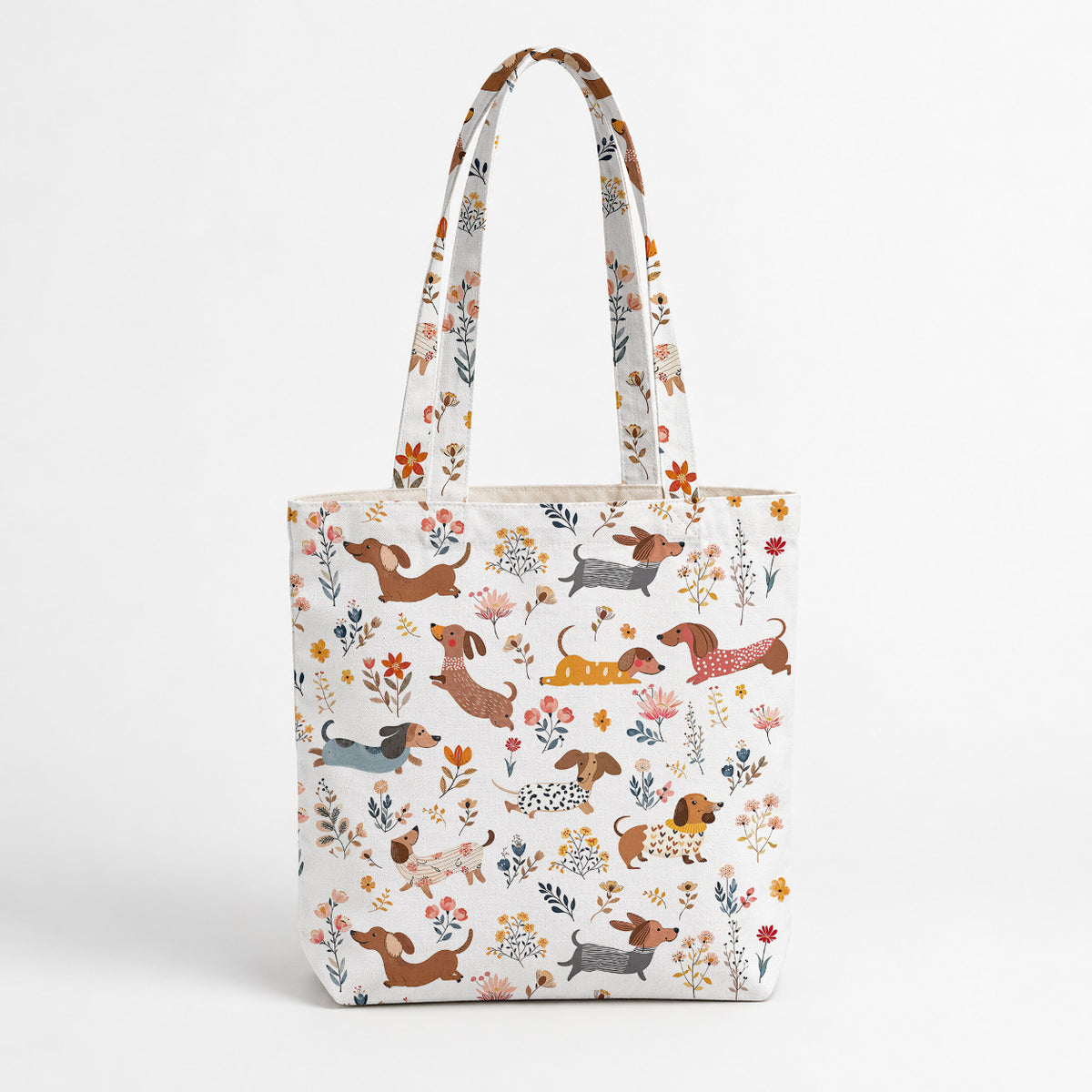 Dachshund Canvas Tote Bag Happy Field Flowers