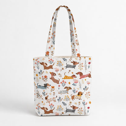 Dachshund Canvas Tote Bag Happy Field Flowers