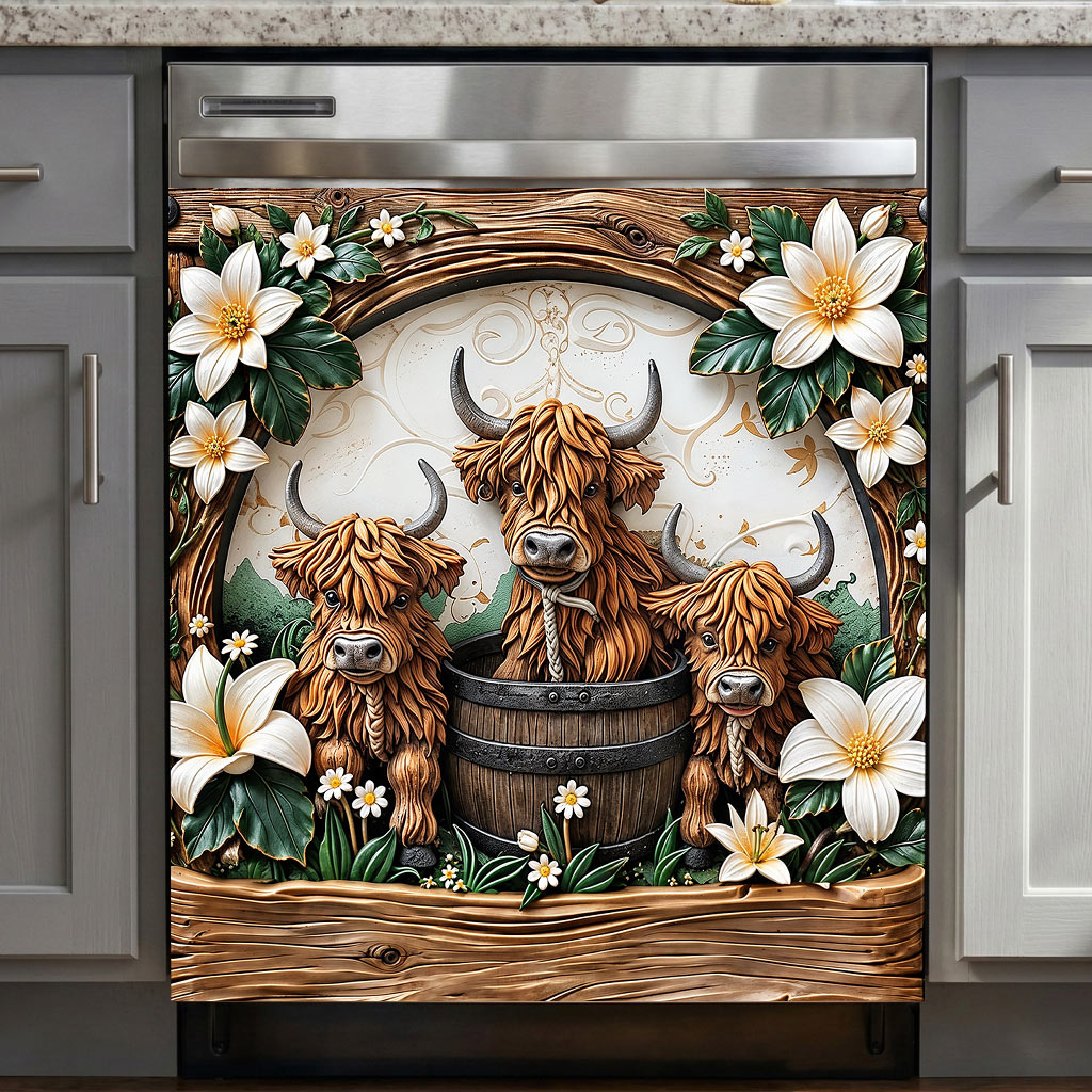 Highland Cow Magnetic Dishwasher Cover Highland Blooms & Barnwood