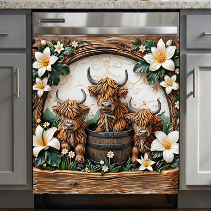 Highland Cow Magnetic Dishwasher Cover Highland Blooms & Barnwood