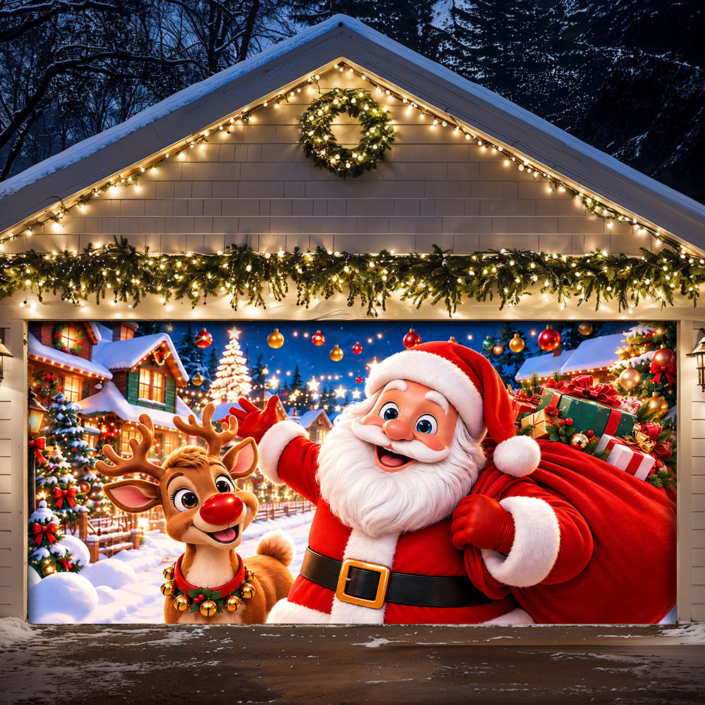 Christmas Garage Door Banner Decoration – Santa & Reindeer’s Festive Adventure