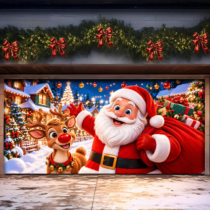 Christmas Garage Door Banner Decoration – Santa & Reindeer’s Festive Adventure