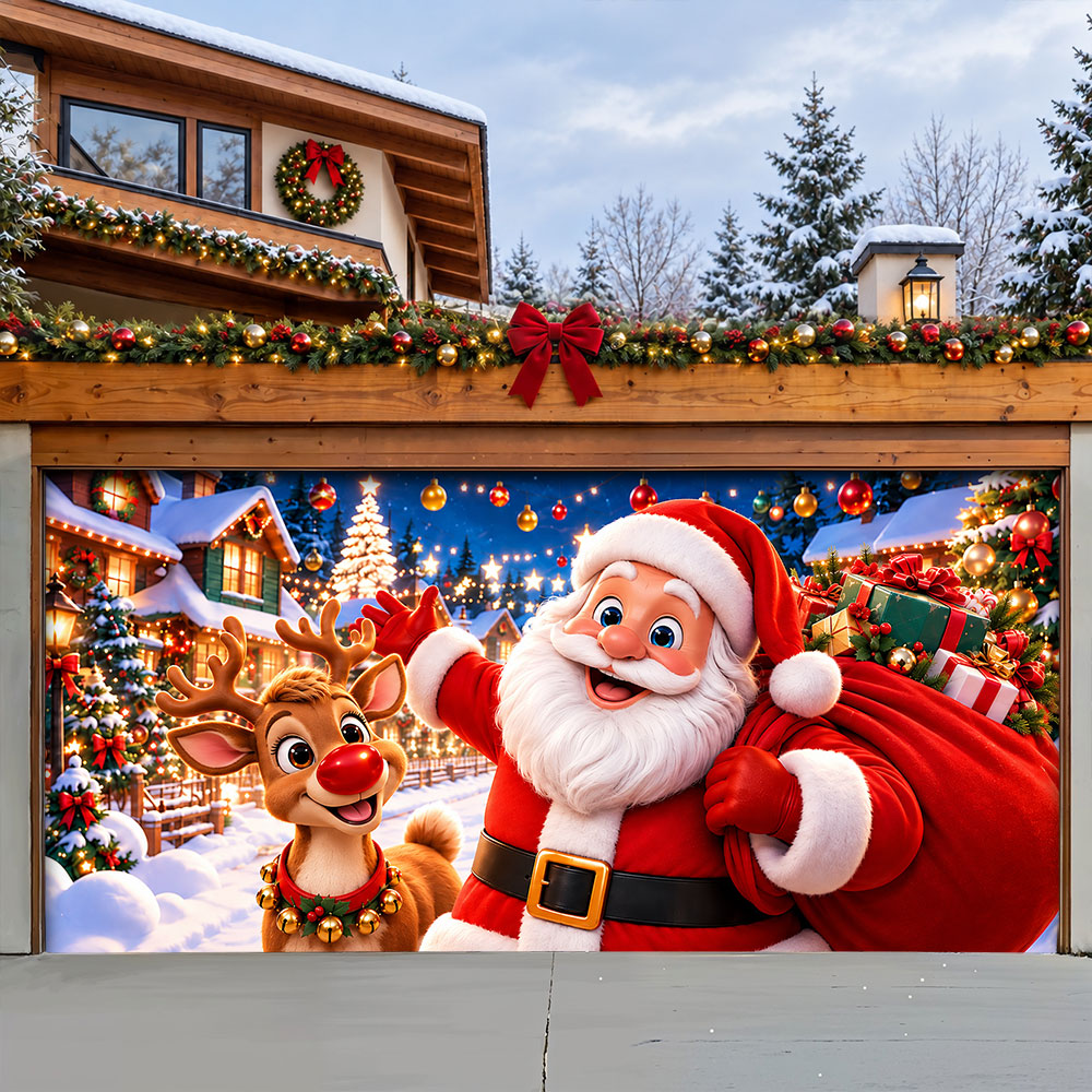 Christmas Garage Door Banner Decoration – Santa & Reindeer’s Festive Adventure