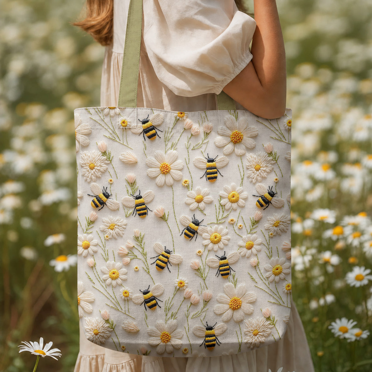 Bee Canvas Tote Bag Honeybee Daisy Meadow