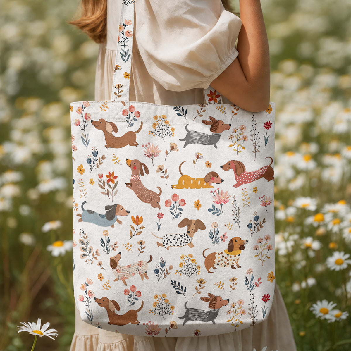Dachshund Canvas Tote Bag Happy Field Flowers