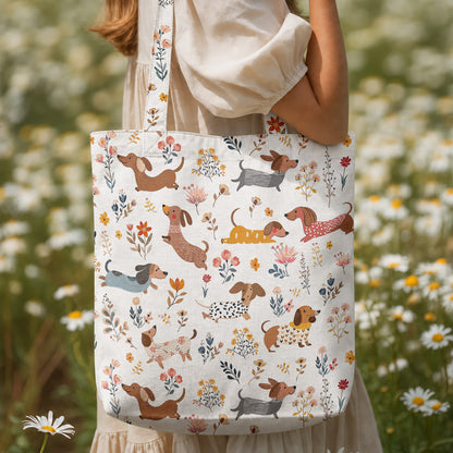 Dachshund Canvas Tote Bag Happy Field Flowers