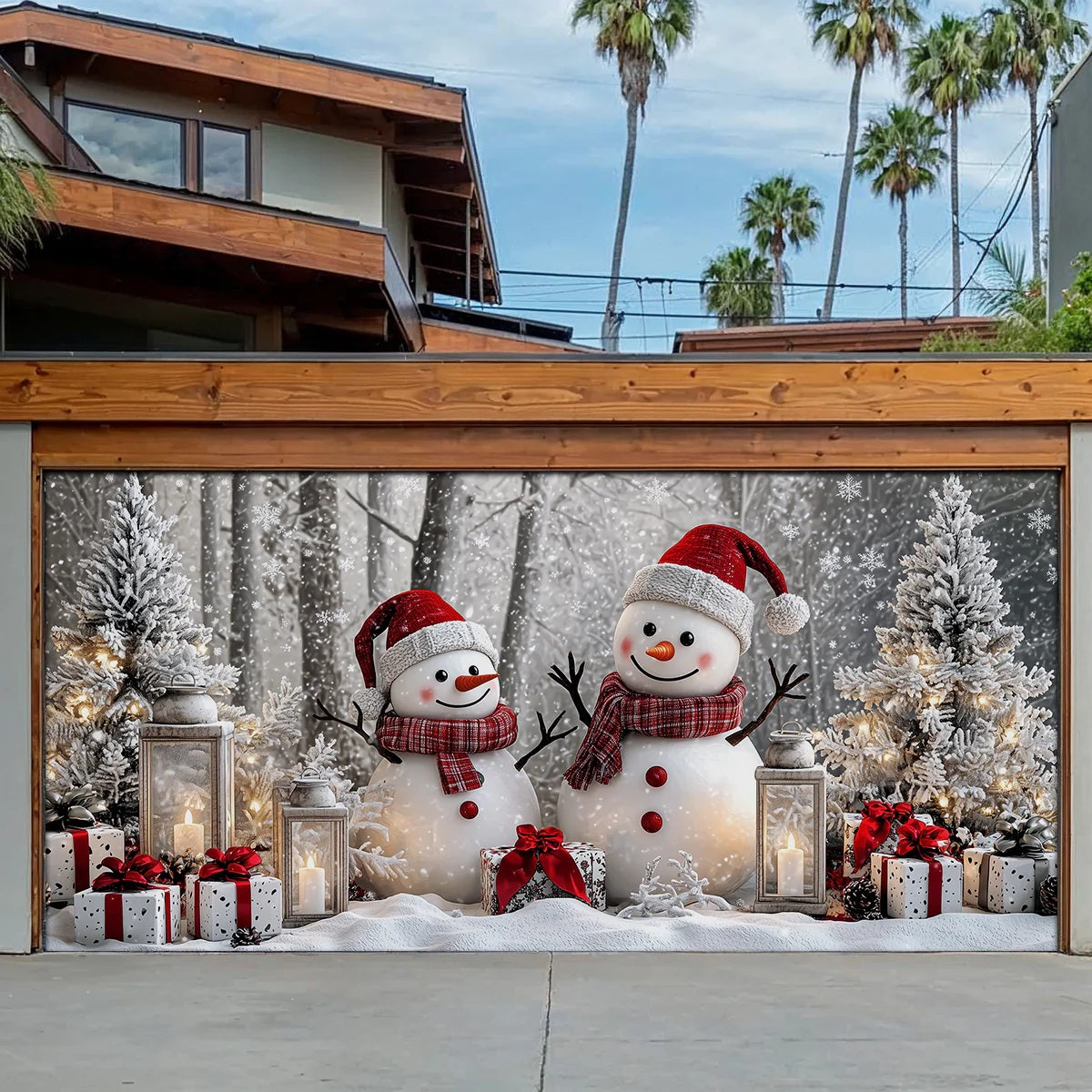 Christmas Garage Door Banner Decoration - Winter Forest Happy Snowman Couple