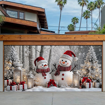 Christmas Garage Door Banner Decoration - Winter Forest Happy Snowman Couple