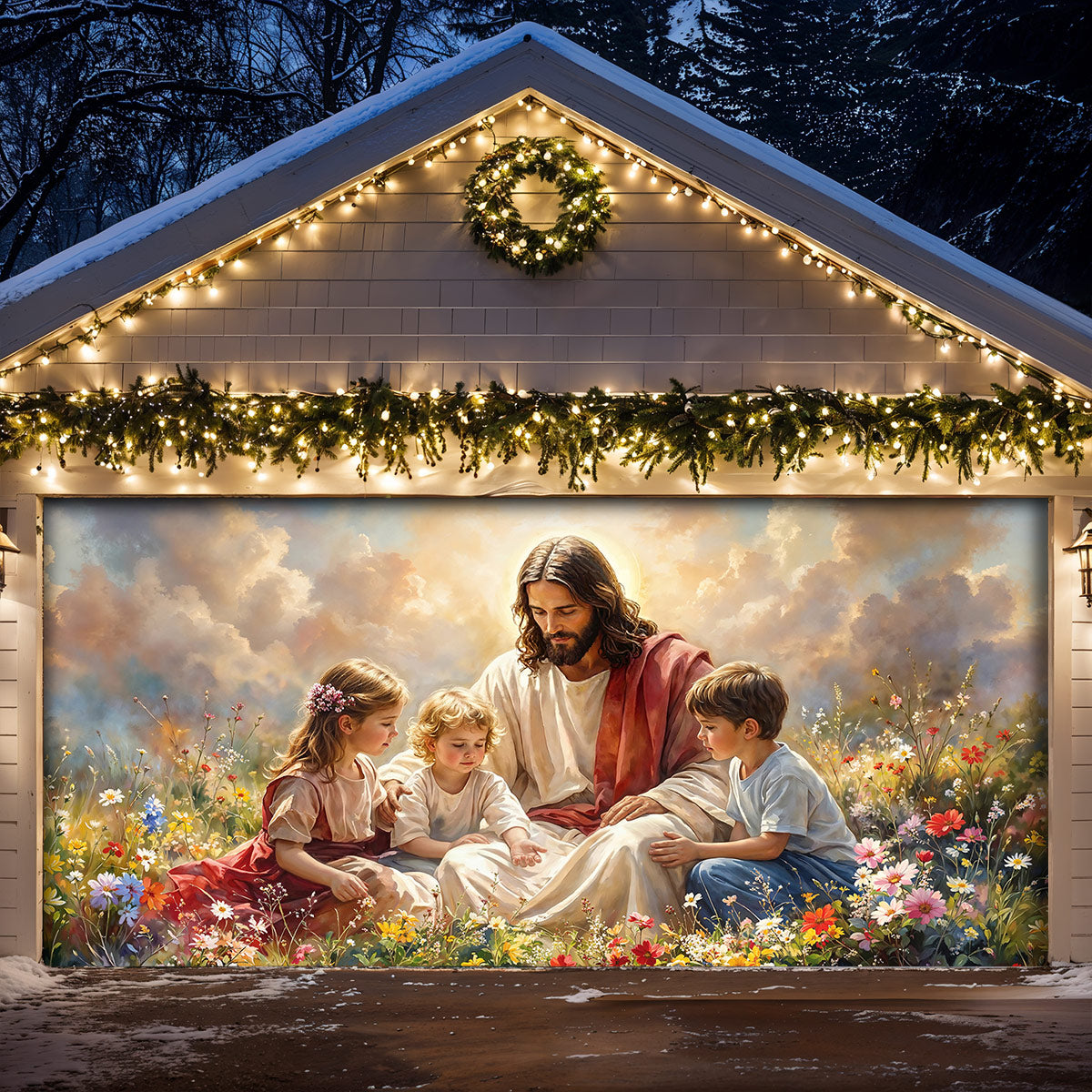 God Garage Door Banner Decoration - Jesus and the Little Ones In the Wildflower Meadow
