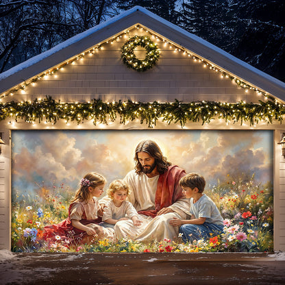 God Garage Door Banner Decoration - Jesus and the Little Ones In the Wildflower Meadow