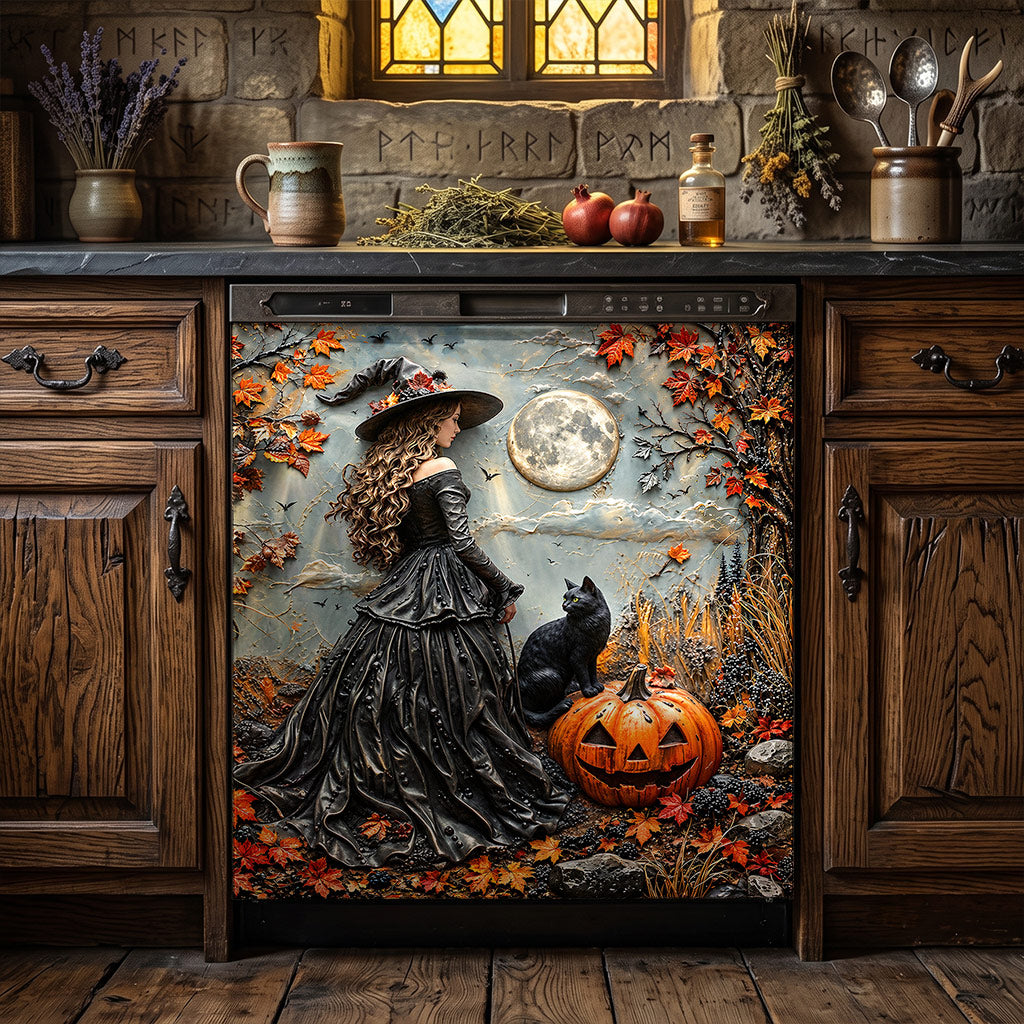 Witch Magnetic Dishwasher Cover Moonlit Witch and Cat in Autumn Forest