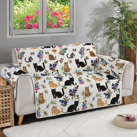 Cat Quilted Sofa Cover Cute Floral Cats