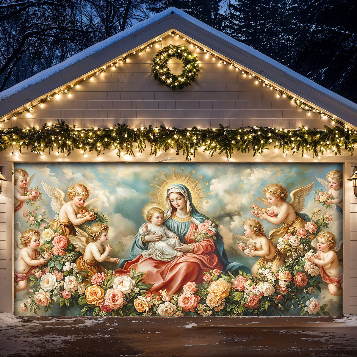 Virgin Mary Garage Door Banner Decoration - Divine Motherhood in a Garden of Angels