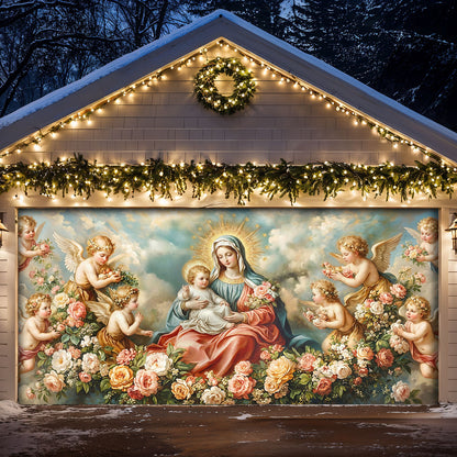 Virgin Mary Garage Door Banner Decoration - Divine Motherhood in a Garden of Angels